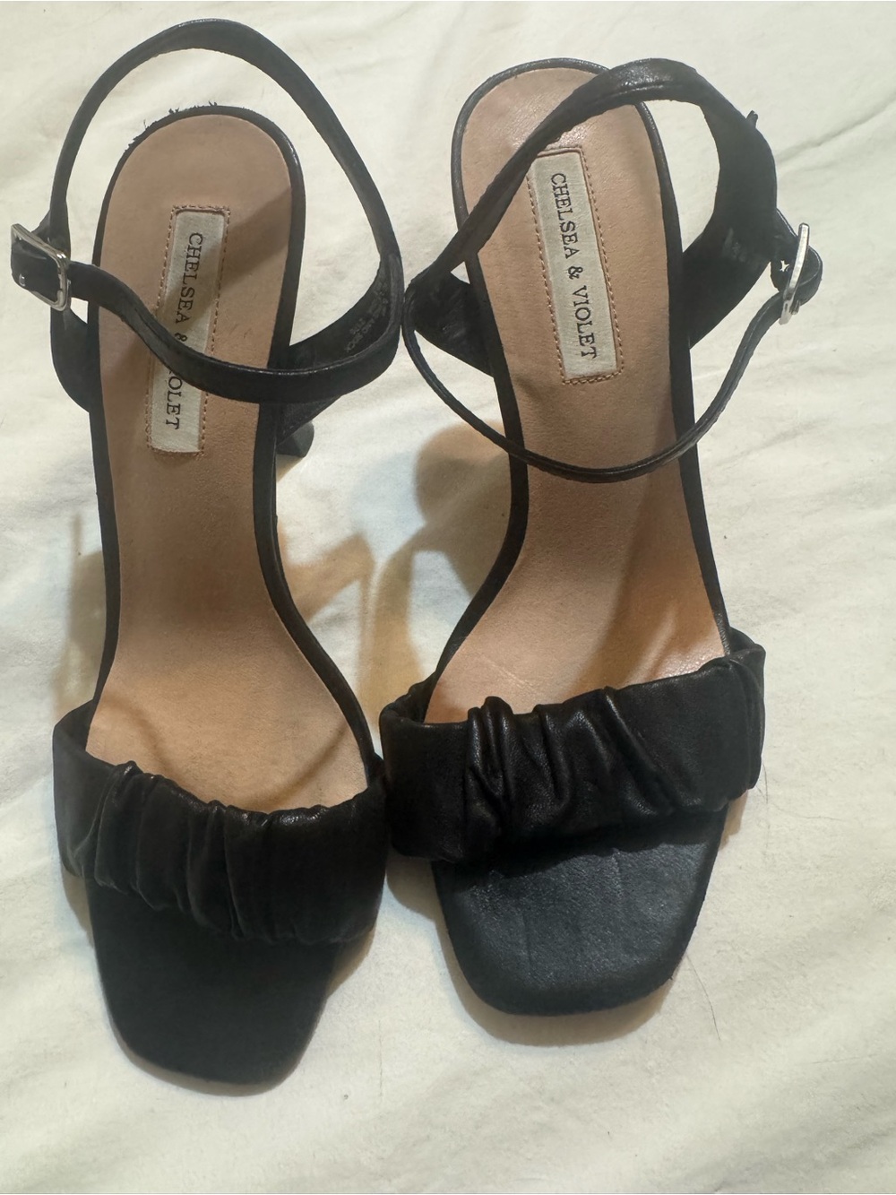 Chelsea & Violet Black Ruched Strap Block Heel Sandals